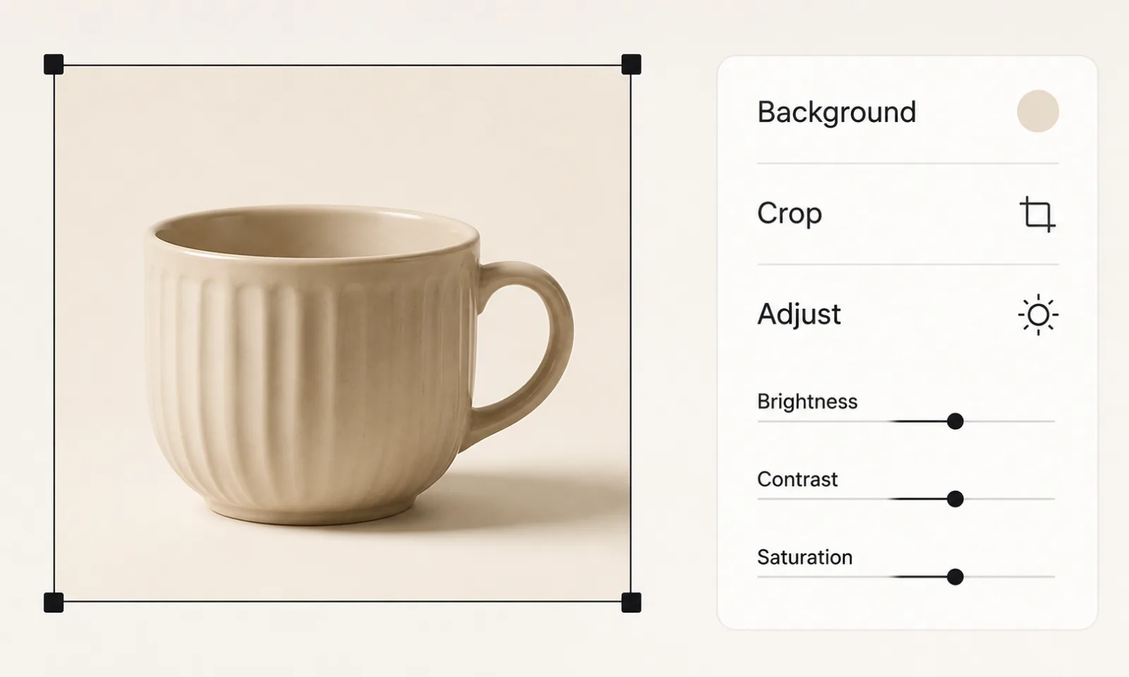 Image editor example with crop handles and adjustment controls